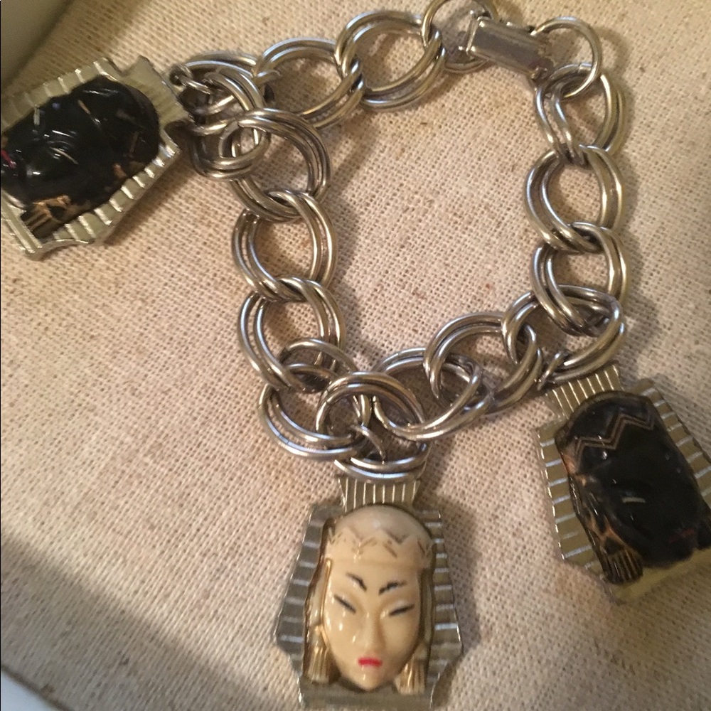 Vintage Ethnic Faces charm bracelet black + white